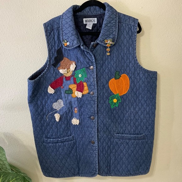 Vintage 80s 90s Haiks Quilted Denim Button Up Vest plus size 2X Autumn AJMC pin - Picture 11 of 13